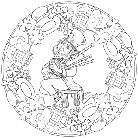 St. Patricks Day Mandala With Leprechaun Playing Bagpipes, Hats And Beer Coloring Page